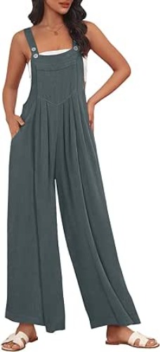 AUTOMET Womens Overalls Wide Leg Jumpsuits Casual Bib Summer Rompers Jumpers Loose Sleeveless Straps With Pockets Outfits - Greyblue Small