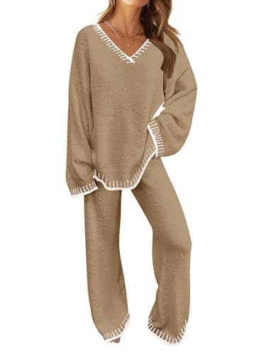 MEROKEETY Women's 2 Piece Outfits Fuzzy Fleece Long Sleeve Tops and Pants Pajamas Sets Loungewear - Mid Khaki - Small