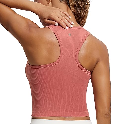 CRZ YOGA Womens Seamless Ribbed Longline High Neck Sports Bra - Racerback Padded Slim Fit Crop Tank Top with Built in Bra - Small - Briar Rose