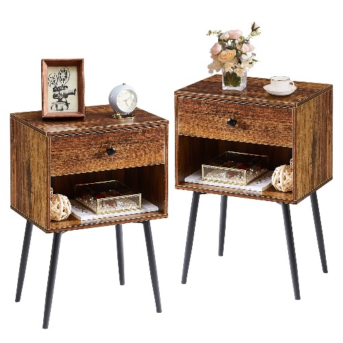 VECELO Nightstand Set of 2 Easy Assembly, 2-Tier Modern Night Stand/Side Table with Drawer and Storage Shelf for Small Places, Bedroom, Living Room, 23.6 Inch, Brown - Brown
