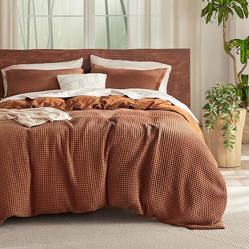 Bedsure Cooling Waffle Duvet Cover Queen - Cotton Blend Rayon Derived from Bamboo Duvet Cover Set for Hot Sleepers, Breathable Bedding Set With a Vintage Charm, 3 Pieces (Burnt Orange, Queen, 90"x90") - Queen (90" x 90") - 20 - Cooling Burn Orange (No Comforter)