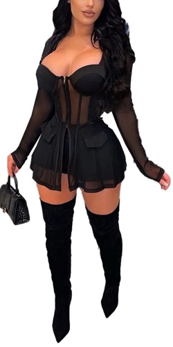 Two Piece Outfits for Women Sexy Clubwear Mesh Sleeve Patchwork Zipper Up with Pad Tops Shorts Rompers Sets Tracksuit - Black With Shorts Medium