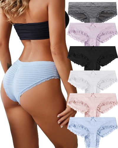 Cheeky Underwear for Women Sexy Bikini Panties Lace Stretch Seamless Low Rise Hipster Panty Breathable Soft Stripe 6 Pack - Light 6pack Medium