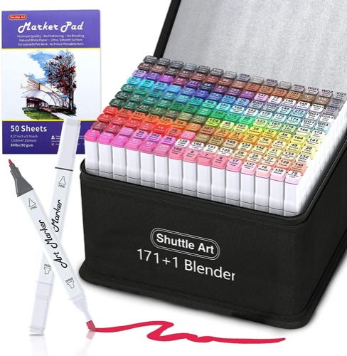 172 Colors Dual Tip Alcohol Based Art Markers,171 Colors plus 1 Blender Permanent Marker 1 Marker Pad with Case Perfect for Kids Adult Coloring Books Sketching and Card Making - 