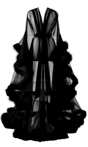 Changuan Sexy Feather Robe Long Fur Tulle Maternity Photoshoot Bridal Robe Lingerie Sleepwear - Small-Medium Black