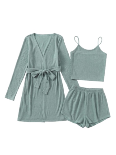 Verdusa Women's 3 Piece Cami Top & Shorts Lounge Sleepwear Pajama Set with Robe - Small Mint Green