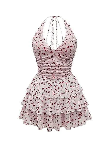Milumia Women's Fruit Print Ruched Halter Dress Tiered Layered Ruffle Mini Dresses - Small - Red and White