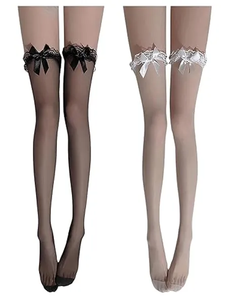 BEAUDRM Women's 2 Pairs Sheer Thigh High Stockings Lace Trim Bow Over the Knee Tights - One Size - Black and White