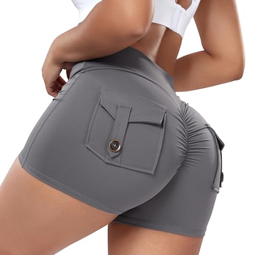 YOFIT Scrunch Butt Lifting Shorts for Women Gym Workout Spandex Booty Shorts Yoga Pole Dance Fitness - Large - #0 Cargo Grey
