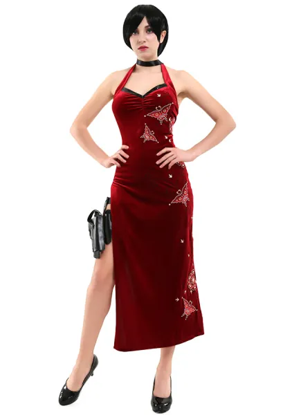 Resident Evil 4 Ada Wong Cosplay Costume Embroidered Cheongsam Style Red Dress
