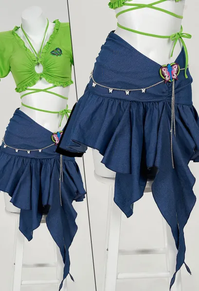 JOJO Jolyne Derivative Blue Denim Skirt Irregular Hem Skirt with Waist Chain and Butterfly Decor
