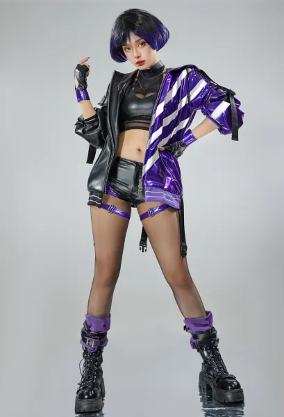Tekken 8 Reina Cosplay Costume Purple Black Coat Vest and Pants with Gloves and Pantyhose