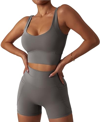 Belriviere Seamless Workout Sets for Women Sports Bras Biker Shorts with Pockets 2 Piece Set Gym Yoga Fitness Outfits - M - Gray