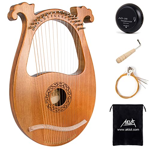 Lyre Harp, AKLOT 16 Metal Strings Mahogany Body Lyra Harp with Maple Saddle Carved Note Tuning Wrench Pickup Strings and Black Gig Bag - 16 Strings Deer
