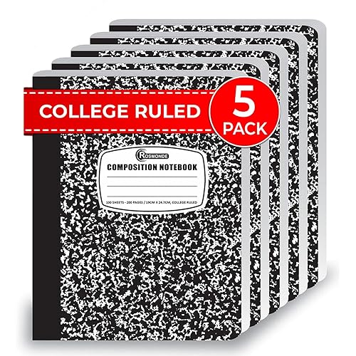 Rosmonde College Ruled Composition Notebooks 5 Pack, 200 Pages (100 Sheets), 9-3/4" x 7-1/2", White & Black Marble Composition Book, Hard Cover, Sturdy Sewn Binding, School, College & Office Supplies - 5 Pack - Black Marble
