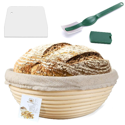 9 Inch Proofing Basket,WERTIOO Banneton Bread Proofing Basket + Bread Lame +Dough Scraper+ Linen Liner Cloth Sourdough Bread Baking Supplies - 9