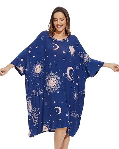 THREE POODLE Plus Size Nightgowns for Women, Oversized Sleep Shirts Dress Sleepwear with Pockets Suits XS - 5XL - Blue Star