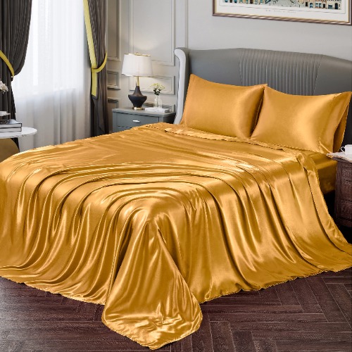 Vonty Satin Sheets Queen Silky Soft Satin Bed Sheets Yellow Gold Satin Sheet Set, 1 Deep Pocket Fitted Sheet + 1 Flat Sheet + 2 Pillowcases - Queen Yellow Gold