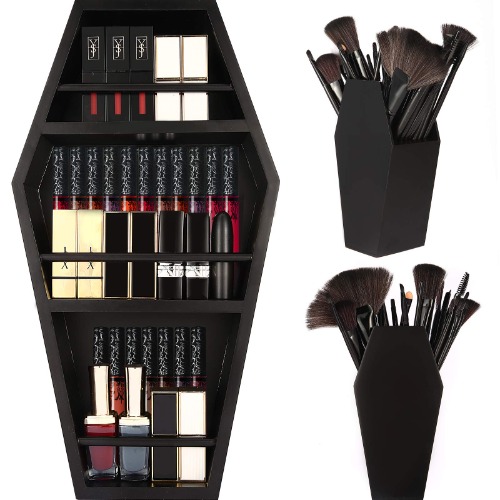 nanayo Makeup Coffin Shelf And Coffin Brush Holder – 3 Shelf Coffin Makeup Holder for Gothic Decor – Free Standing or Wall Hanging Makeup Organizer Spooky Coffin Decor for Bedroom or Bathroom