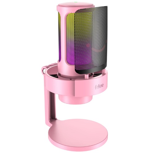 FIFINE USB Streaming Gaming Microphone, PC Condenser Desktop Mic for Video, Home use, YouTube, with RGB Control, Gain Knob, 3.5mm Headphone Jack, Shock Mount, on Computer/PS4/PS5-AmpliGame A8 Pink - Pink