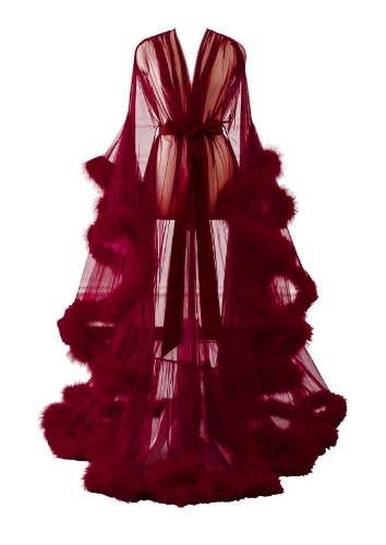 Changuan Sexy Feather Robe Long Fur Tulle Maternity Photoshoot Bridal Robe Lingerie Sleepwear - Small-Medium Burgundy