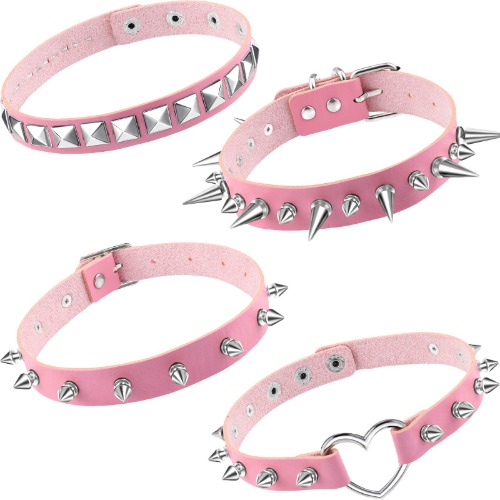 Hicarer 4 Pcs Women Men Cool Punk Choker Gothic Goth Spike Heart Shape Biker Choker PU Leather Collar Studded Rock Necklace (Pink) - 