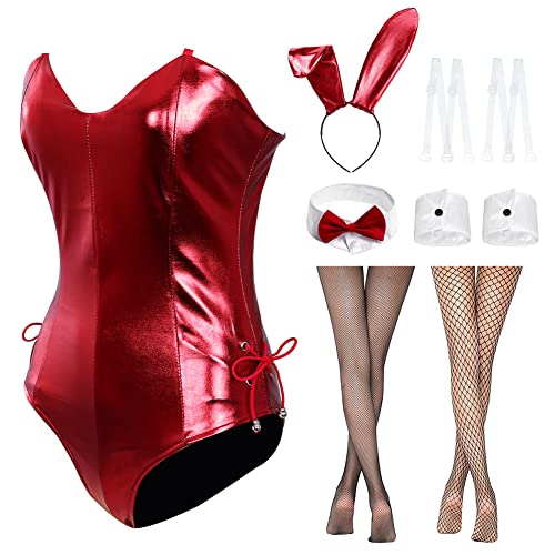 Womens Bunny Girl Senpai Cosplay Costume Outfit Anime Role Cosplay One Piece Bodysuit with Bunny Ear Stockings - X-Large - Red