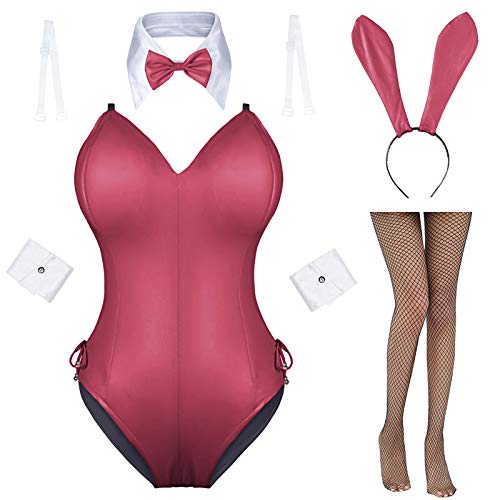 AiMiNa Womens Bunny Girl Senpai Cosplay Anime Role Costume One Piece Bodysuit Removable Padded with Stockings Set - X-Large - Red