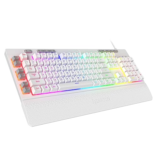 Redragon K512 Shiva RGB Backlit Membrane Gaming Keyboard with Multimedia Keys, Linear Mechanical-Feel Switch, 6 Extra On-Board Macro Keys, Dedicated Media Control, Detachable Wrist Rest, White - 100% full size - White
