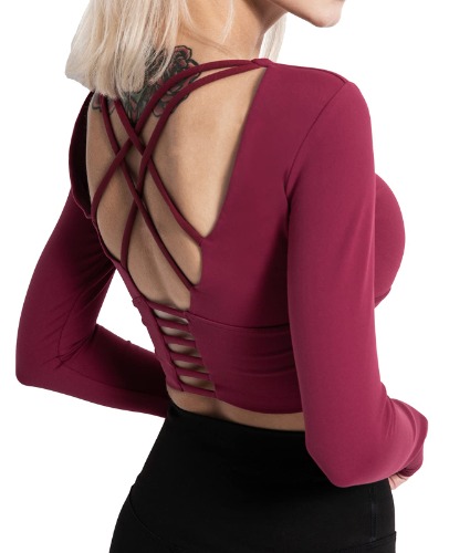 Zerlar Workout Crop Tops for Women Yoga Tops Padded Criss Cross Strappy Back Short Sleeves Seamless Athletic Gym Shirts - Long Sleeve Red Large
