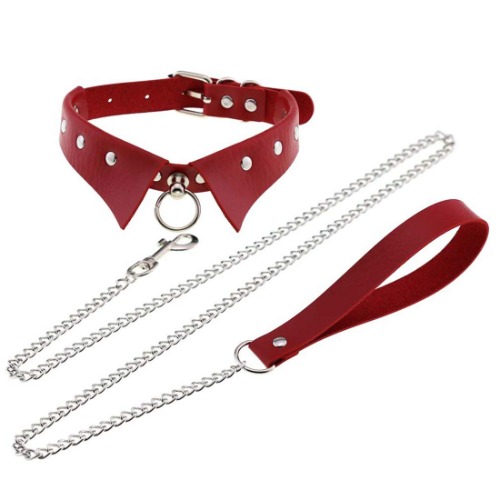 JNKET Punk Hauling Chain PU Leather Collar Necklace Neck Strap Gothic Nightclub Goth Leash Belts Adjustable Size - Red