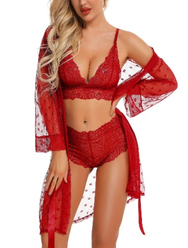 RSLOVE Women Sexy Lingerie Set Satin Bow Tie 2 Piece Bra and Panty Sets - Large Red