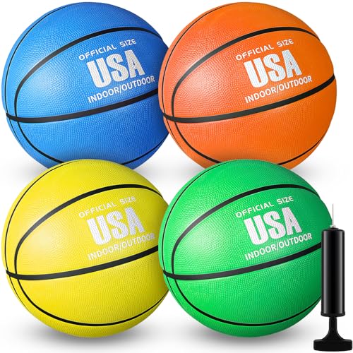 Libima 4 Pack Basketballs Official Size Rubber Basketballs for Kids Women or Men with Pump for Indoor Outdoor School Basketball Game Street Ball Training - Yellow, Green, Blue, Orange - Size 6