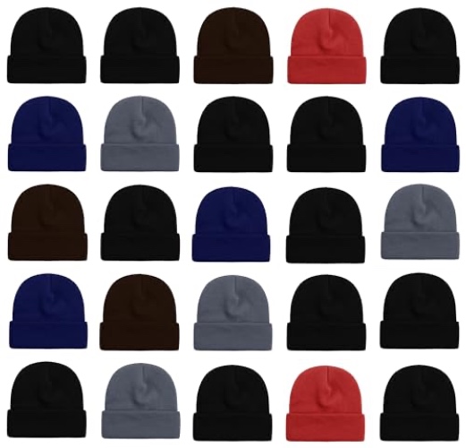 25 Pack Winter Beanie Hats, Unisex Thermal Toboggan Cold Weather Cuffed Caps Bulk Bundle - One Size - Assorted Colors