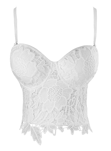 Charmian Women's Punk Goth Floral Lace Bustier Corset Party Bralet Crop Top - X-Large - White
