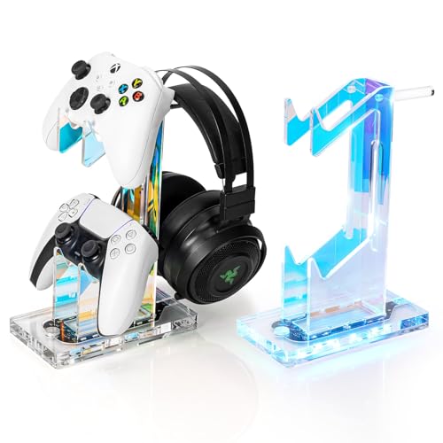 OAPRIRE Controller Holder Headset Stand with Lights, 2 Tier Acrylic Gaming Controller Stand for PS4, PS5, Xbox ONE, Switch, Universal Design (Clear)