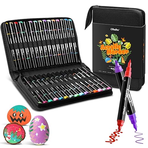 Ohuhu Acrylstifte für Steine 30 Farben, Dual Tip(0,7mm & 3mm) Acrylic Paint Marker - Wasserfest Lichtecht Hohe Opazität Permanent Multimarker für Steine Bemalen Holz Glas Keramik Ostereier Kürbis