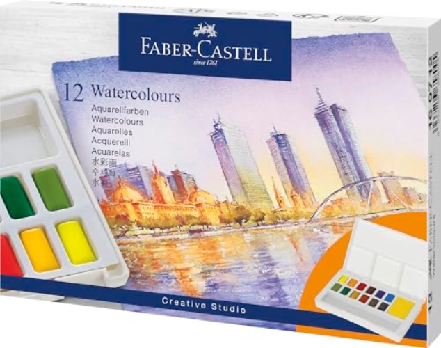 Faber-Castell 169712 - Aquarellfarben Set, 12 Farbnäpfchen, inkl. Mischpalette und Wassertankpinsel, für Einstiegs- und Hobbykünstler - 12er Etui