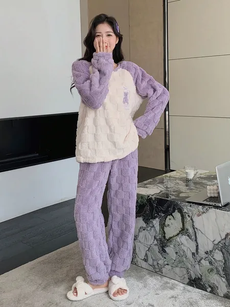 DAZY Contraste Manga De Raglan Flanela Conjunto De Pijama