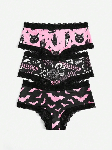 ROMWE X GUZLBT 3Peças Gráfico de Cartoon Renda De Contraste Calcinhas