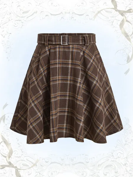 ROMWE Kawaii Saia flare impressão xadrez com cinto