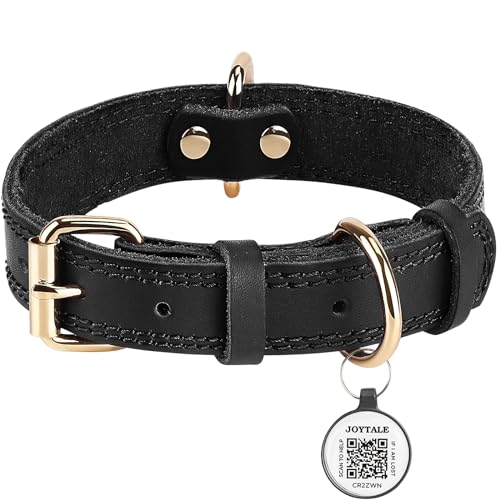 Joytale Genuine Leather Dog Collar with QR ID Tag, Heavy Duty Dog Collar with Metal Buckle, Soft and Durable Leather Collars Adjustable for Large Dogs, Black, L - L - Black