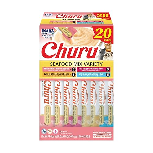 INABA Churu Cat Treats, Grain-Free, Lickable, Squeezable Creamy Purée Cat Treat/Topper with Vitamin E & Taurine, 0.5 Ounces Each Tube, 20 Tubes, Seafood Variety Box - Seafood - 0.5 Ounce (Pack of 20)