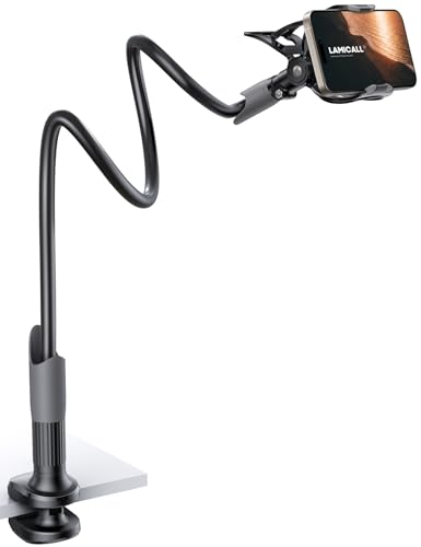 Lamicall Gooseneck Phone Holder for Bed - Cell Phone Mount Clamp Clip, Flexible Long Arm, Overhead Mount for Desk Headboard Bedside, for iPhone 16 Pro Max, 15 Pro Max, 14 Plus, 13 Mini & 4-7" Phone - Black