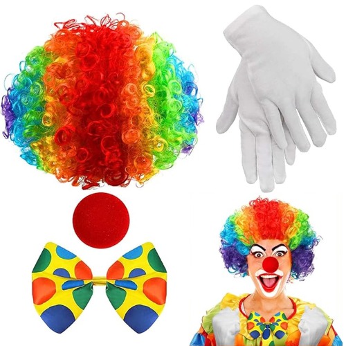 XMANX 4pcs/Set of Clown Costume Wig, Clown Rainbow Wig Clown Nose Bow Tie White Gloves for Halloween Parties Christmas Carnival Circus Cosplay Party Men Women Kid Adults