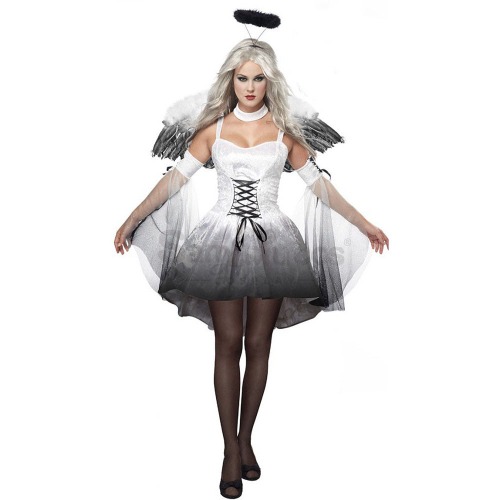 【In Stock】Halloween Cosplay Dark Angel Short Dress Cosplay Costume - White / XL