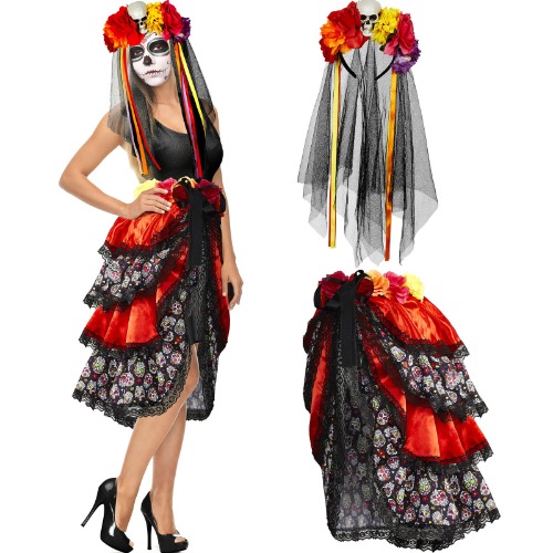 2 Pcs Halloween Day of the Dead Bustle and Day of the Dead Headband for Women Set Halloween Costumes for Women Girls