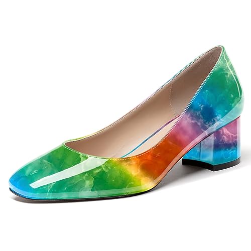 WAYDERNS Women's Slip On Square Toe Block Patent Chunky Low Heel Pumps Shoes 2 Inch - 11 - Green Red Water