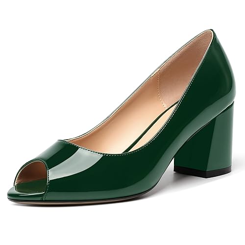 MOVINSTEPS Womens Slip On Dating Peep Toe Dress Patent Block Mid Heel Pumps Shoes 2.5 Inch - 11 - Dark Green