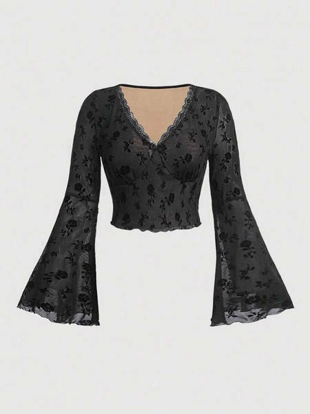 SHEIN MOD Plus Floral Print Lace Trim Flounce Sleeve Tee